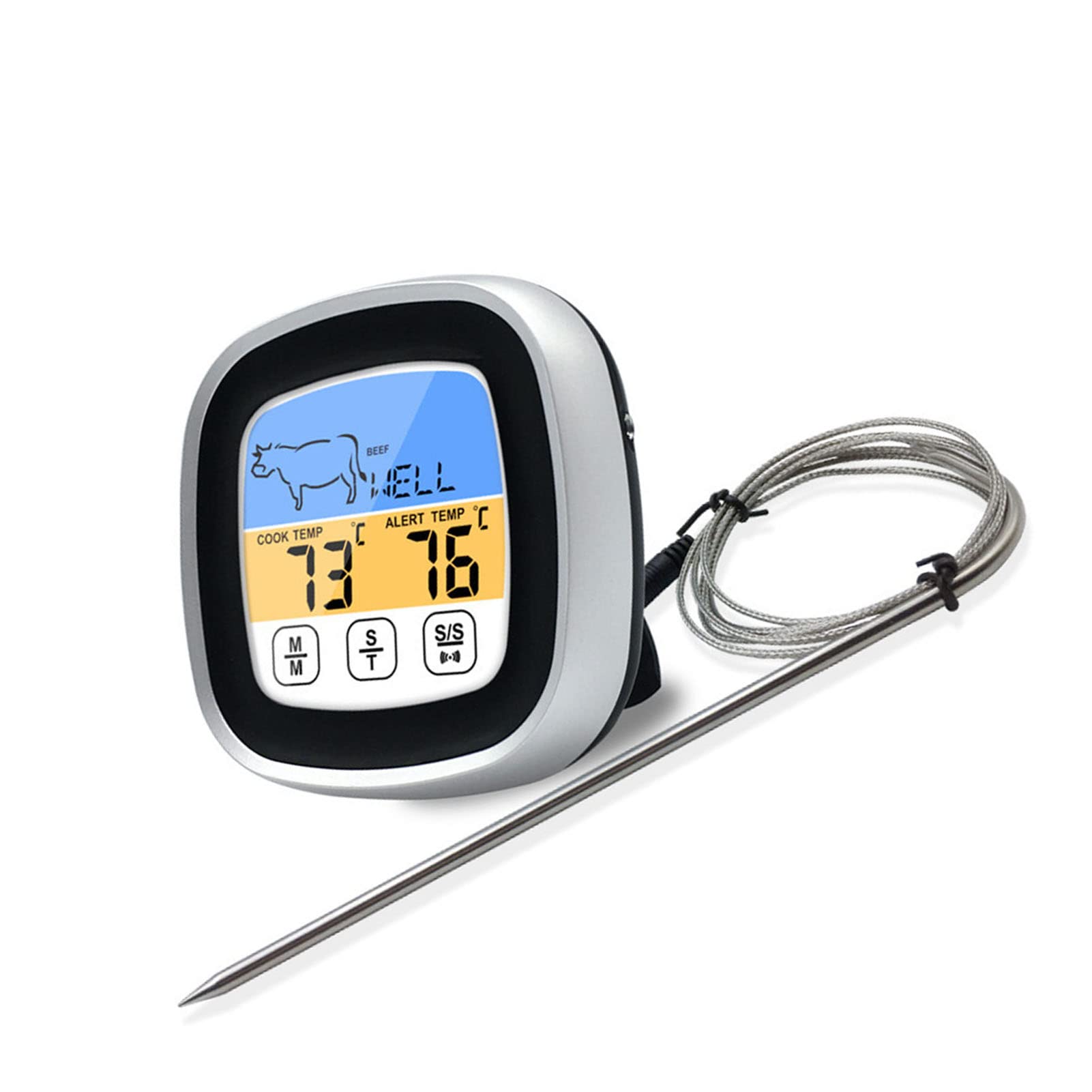 Wakects Digitales Fleischthermometer, Edelstahl-Touchscreen-Lebensmittelthermometer mit Hintergrundbeleuchtung, Alarmvoreinstellungen und Timer, Küche, Grillofen, Kochen für Hobbyköche und Anfänger