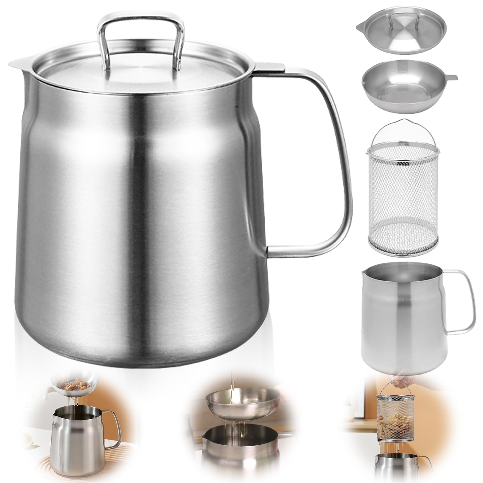 Contenitore per grasso di pancetta in acciaio inox, contenitore per grasso da 2 l, con filtro a maglia fine, coperchio antipolvere, ciotola antiscivolo, utensili da cucina per conservare olio per