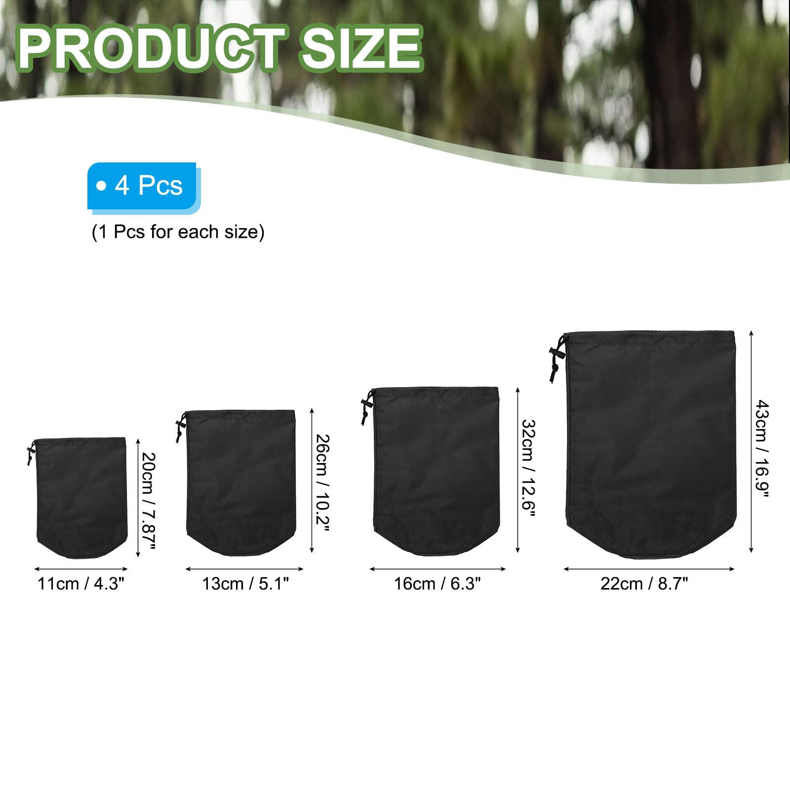 PATIKIL Stuff Sack 4x7/5x10/6x13, 4 Pcs Waterproof Outdoor Storage Sack Portable Drawstring Dust Flap Bag Sleeping Bag for Camping Hiking Backpacking, Black