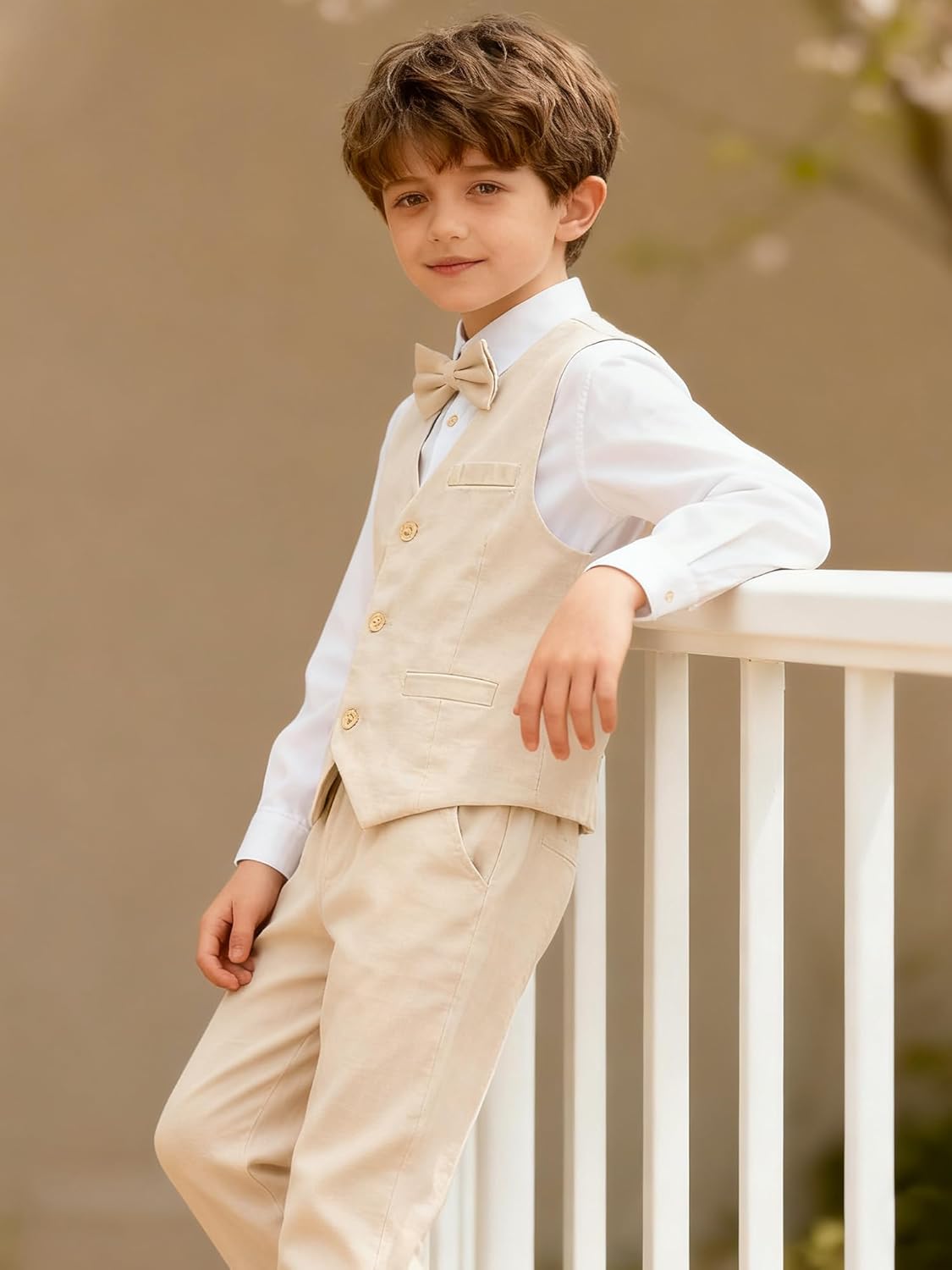 LOLANTA Boys Linen Suit Dress Clothes Kids Graduation Wedding Outfit 4 Piece Shirt Vest Pants Set with Bow Tie - Image 3