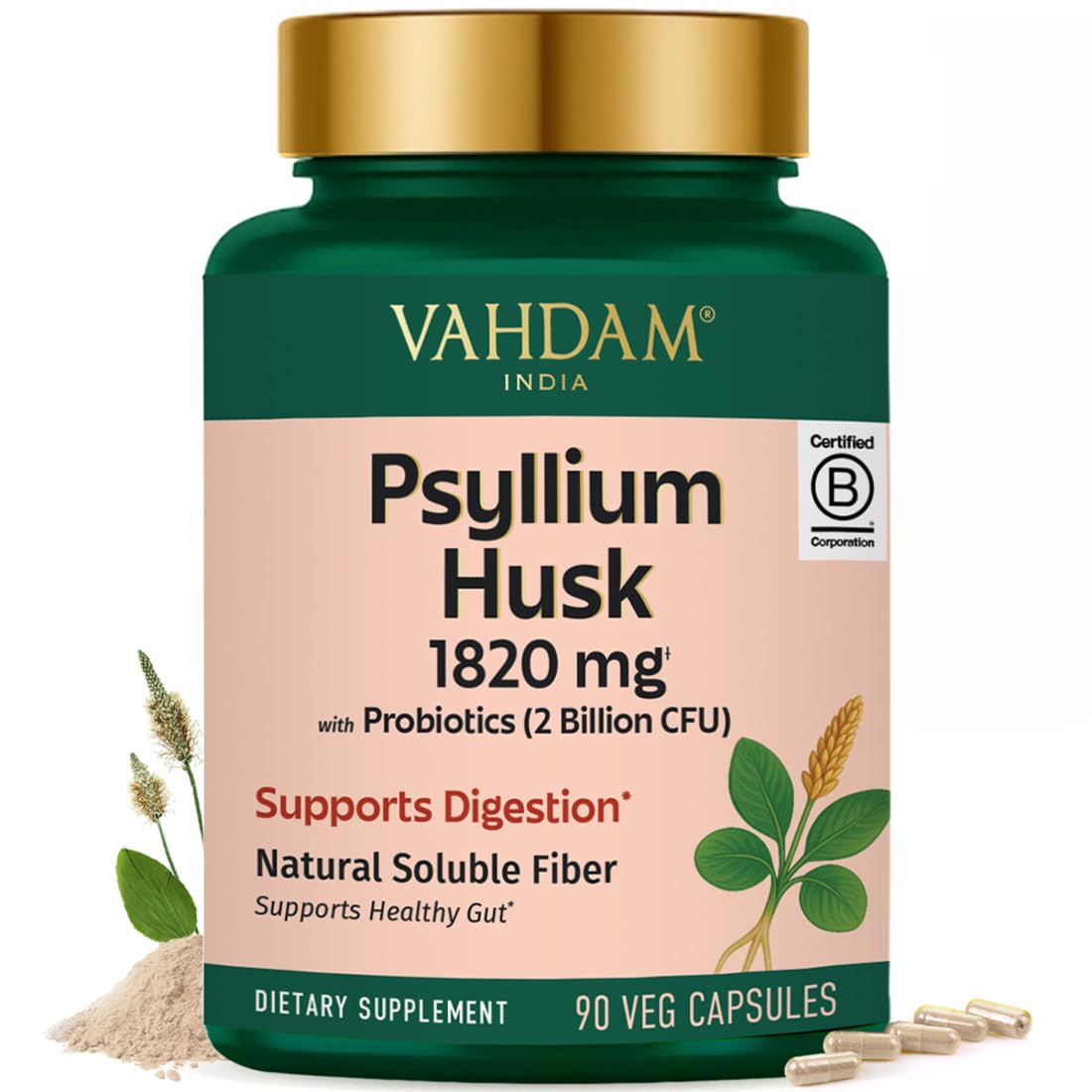 VAHDAM Psyllium Husk Capsules 1800 mg with Probiotics (2 Billion CFU) | Supports Digestion & Gut Health | 90 Veggie Capsules