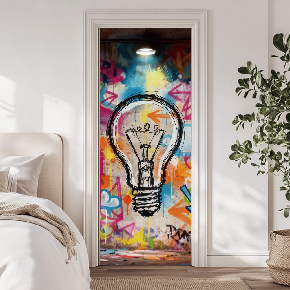 arricraft 2 Sheets Self-Adhesive Door Sticker, 80cmx200cm/31.5x78.7inch Street Graffiti Light Door Murals Stickers PVC Removable Wallpaper Decoration for Bedrooms ​Living Room