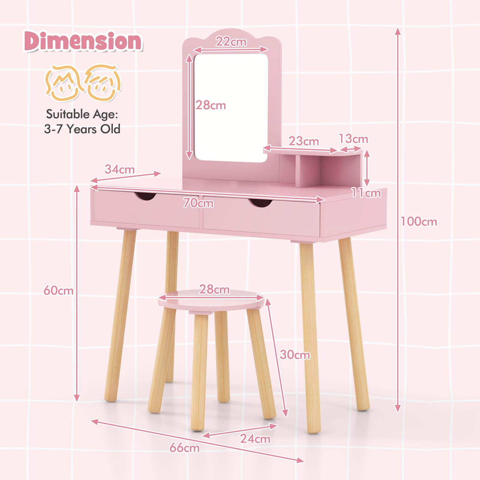 LIFEZEAL Coiffeuse Enfant 2 en 1 avec Miroir Amovible et Tabouret, Table de Maquillage Bois avec 2 Tiroirs et Étagère, Chambre d’Enfant, Fille 3-7 Ans, Charge 40kg/20kg (Rose)