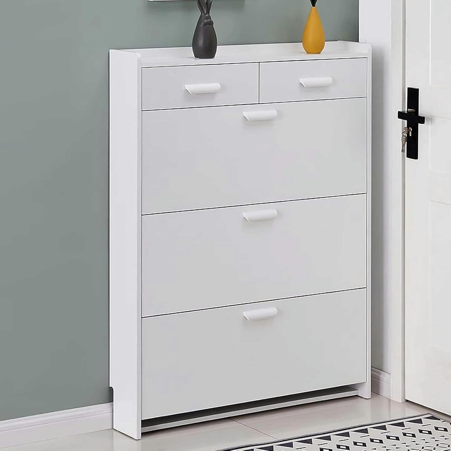 Shoe Storage Cabinet Cabinets Hallway Slim Cupboard Cupboards Hallways Slimline，Slim White Shoe Cabinet with 3 Flip-Drawers, Freestanding Shoe Rack for Hallway, Space-Saving Narrow Shoe Stor