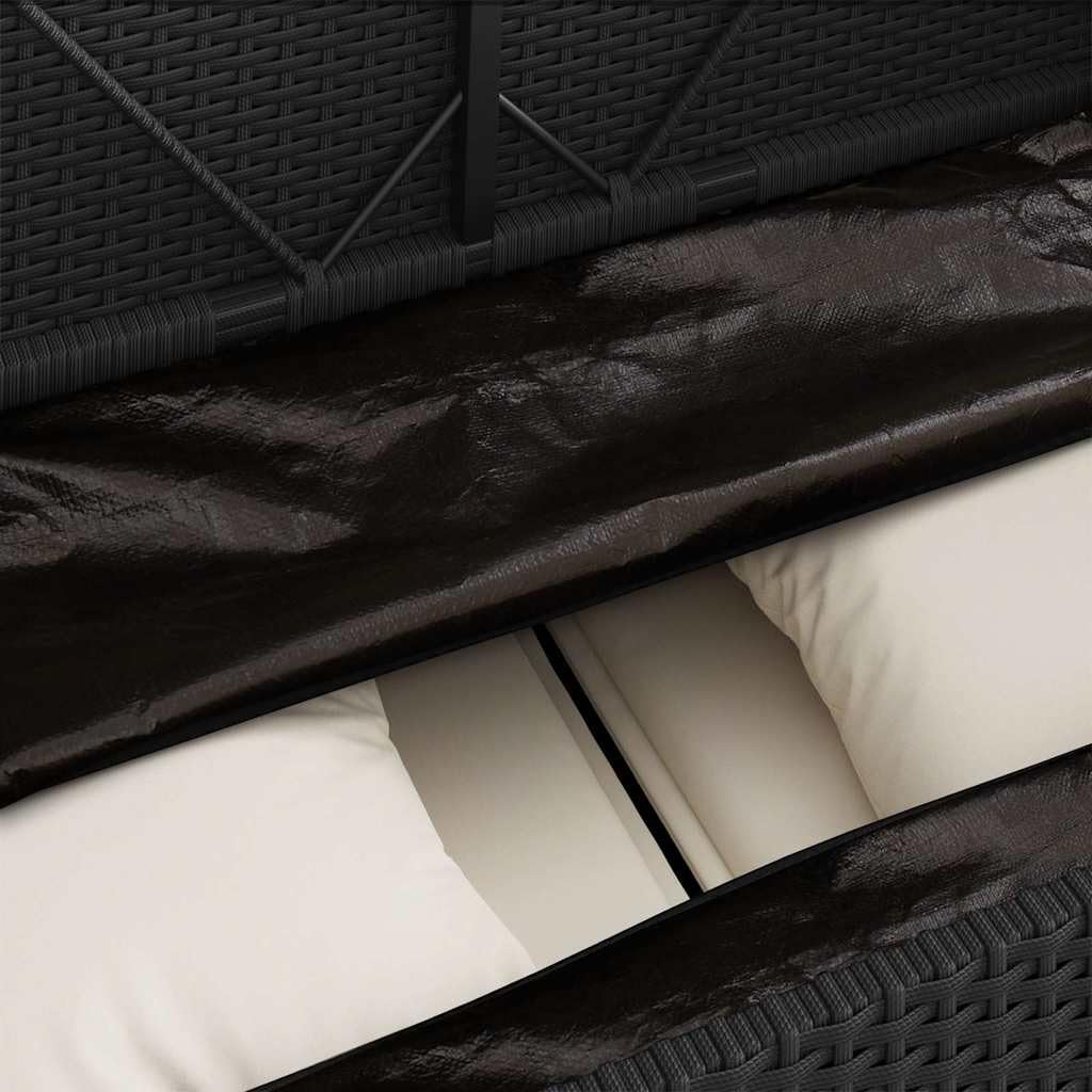 SYDE Banco de Jardín Ratán Sintético Negro con Almacenamiento | Asiento Exterior con Cojín Acolchado, Bolsa Impermeable, Apertura Segura con Resorte de Gas