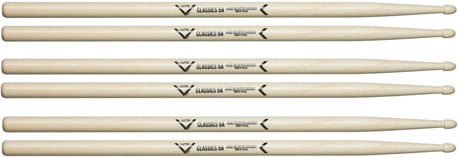 Vater Drumsticks VSP35ACL - 5A Classics Series - Hickory - Wood Tip - 3 Pair Pack
