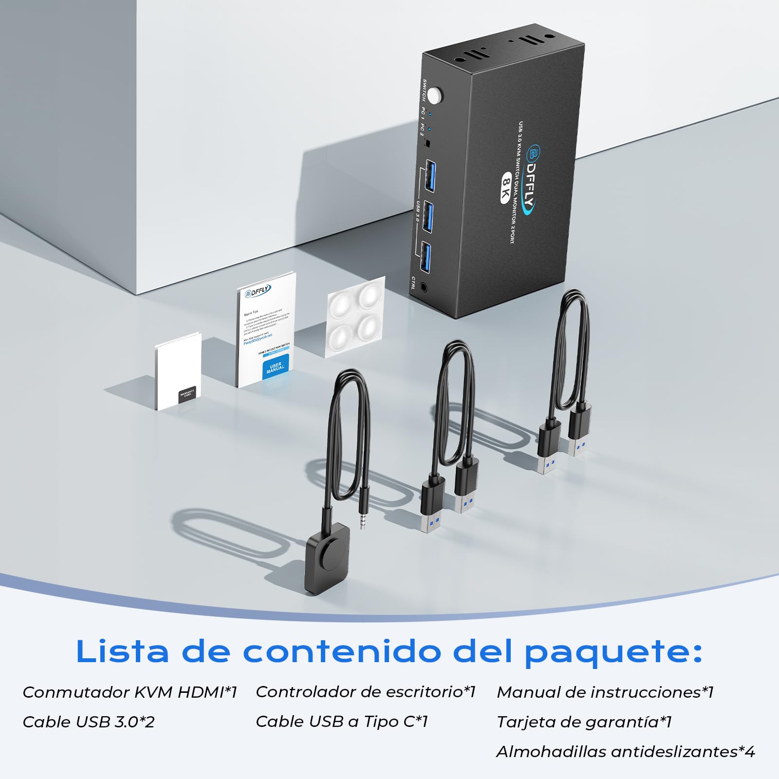 USB 3.0 KVM Switch 2 Monitores HDMI+Displayport 8K@60Hz,4K@120Hz, Dual Monitor KVM Switch para 2 PC Comparte 2 Monitores y 4 Dispositivos USB3.0. Control Remoto con Cable y 3 Cables Incluidos