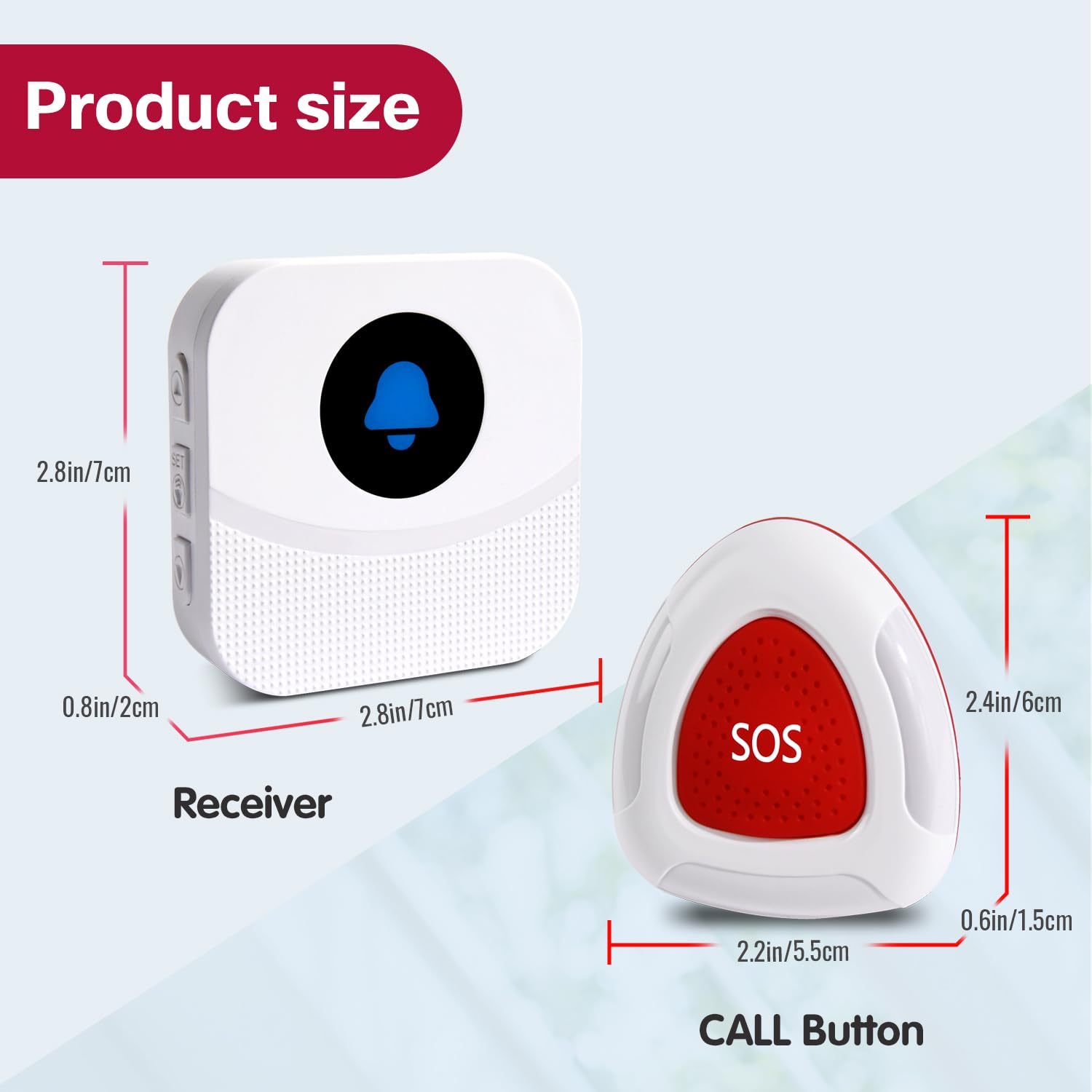 Sistema di chiamata infermiera wireless per uso domestico, 2 ricevitori di allarme plug-in e 2 pulsanti di aiuto impermeabili, portata di oltre 150 m, per anziani/pazienti/disabili