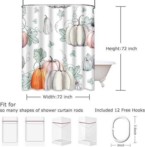 Miniatura 2 de Emvency Cortina de ducha de acuarela de otoño, calabazas, es para Acción de Gracias, Halloween, diseño de recetas, cosecha, tela de poliéster