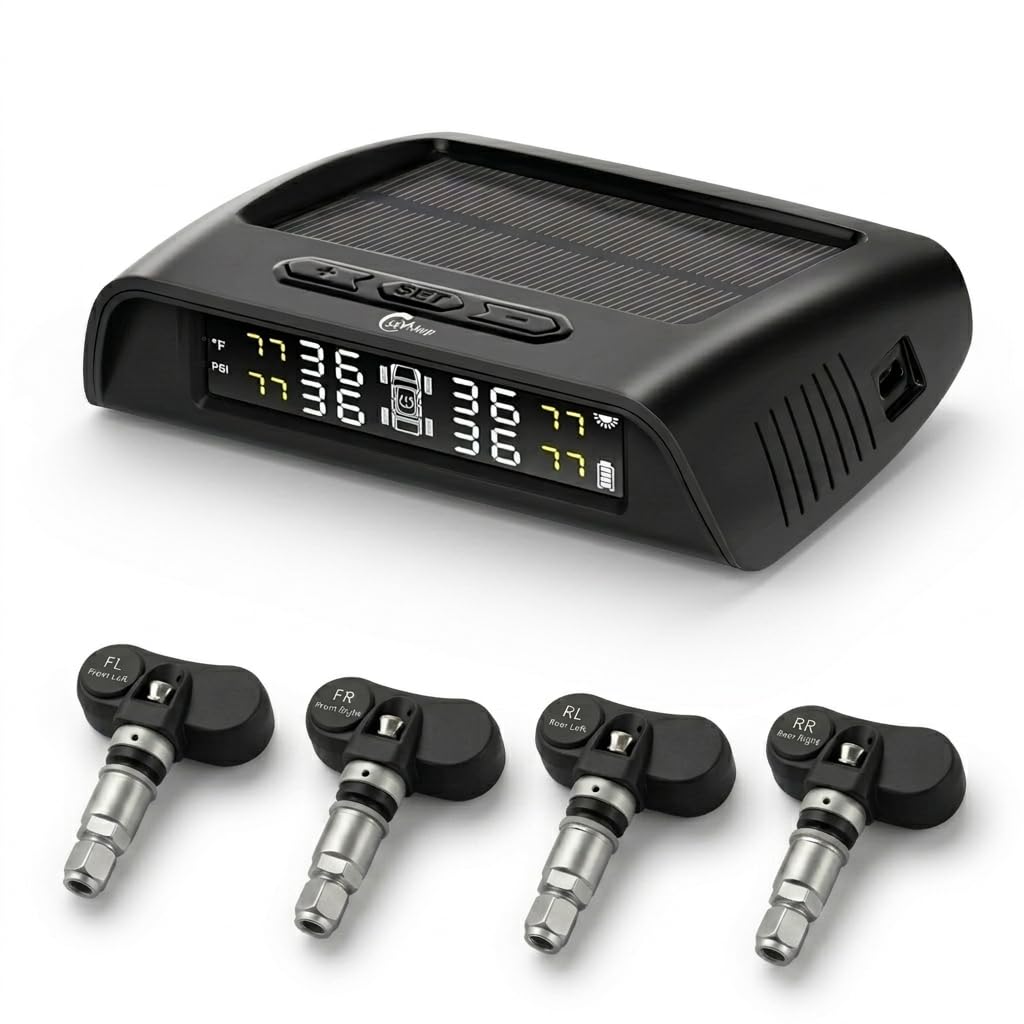 Skyshop® Solar External TPMS Car Tire Pressure Monitoring System with 4 Tyres Sensors Bar/PSI & Temperature Display (External Sensors) Vehicle Tools
