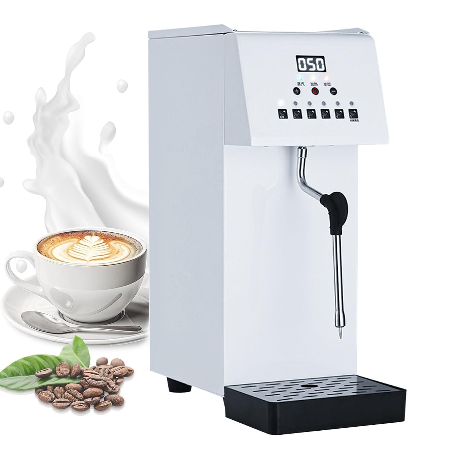 Espumador de leche eléctrico comercial de 2500 W con pantalla LED, tanque de acero inoxidable de 6 L y pulverizador de vapor de 360°.