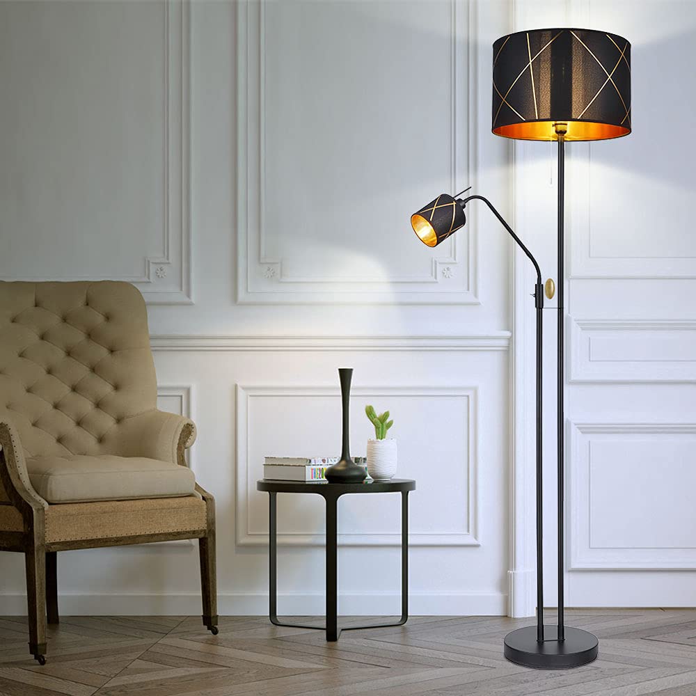 LED Stehleuchte mit Leselampe Deckenfluter dimmbar mit Fernbedienung, RGB Farbwechsel, Metall Textil schwarz gold, Leseleuchte flexibel, 1x 8,5W 806lm 1x 4,8W 470lm warmweiß, DxH 40x175 cm