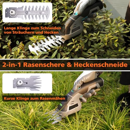 Ecobuild 8V Akku Heckenschere & Grasschere 2-in-1, Mini Gartenschere mit 2 Klingen, 2000mAh Lithium-Ionen Akku, Rasenkantenschere & Astschere für Hecken, Rasen und Garten