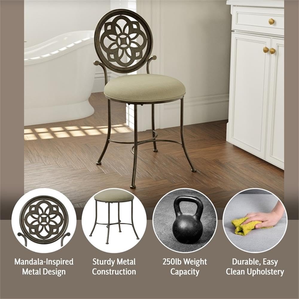 Hillsdale, Marsala Metal Vanity Stool with a Circular Geometric Back Design for Makeup Room or Bathroom, Gray