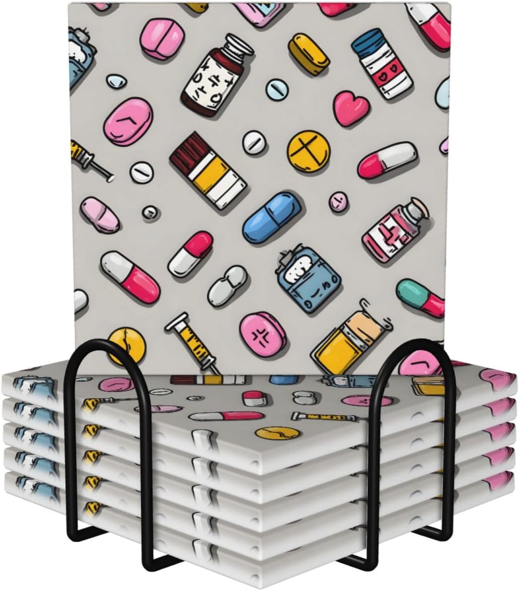 (Cartoon_Medicine_Pattern_1) Ceramic Coasters Set of 6 with Holder Non-Slip Square Coffee Coasters for for Cup Mug Drink Patio Coffee Table Decor, Christmas Coasters Home Bar Supplies