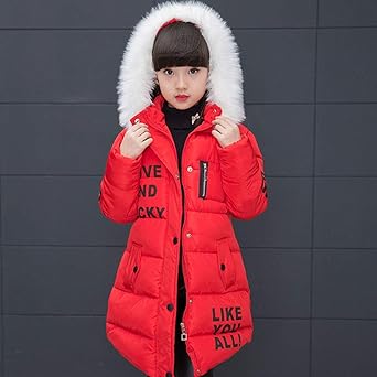 LSERVER Winterjas voor meisjes, dik, warm, middellang, met capuchon, grote bontjas, lange mouwen, parka, gevoerd, Zwart, 9-10 Jaren