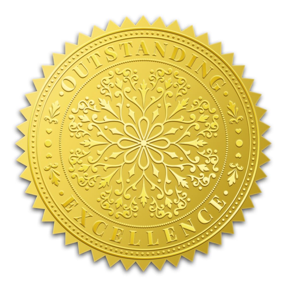 WADORN 100Pcs Outstanding Excellence Gold Foil Stickers, 2 Inch Achievement Golden Award Embossed Seals Round Self Adhesive Certificate Seal Labels for DIY Diplomas Envelopes Office Graduation