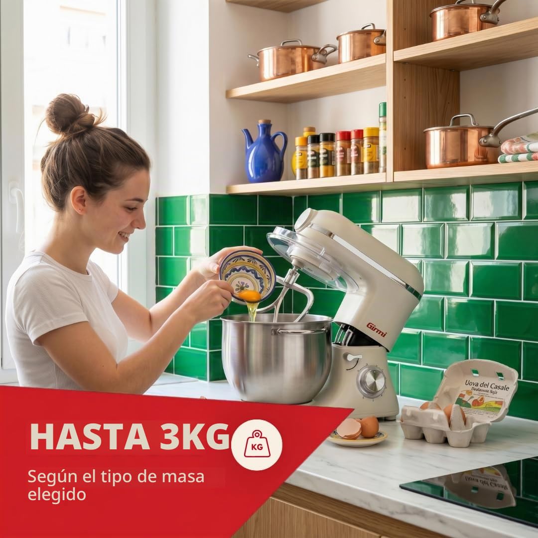 Girmi IM50W Batidora amasadora 8 L, 2200 W máx., bol inox, Beige Incanto | Bol inox con asas, 6 velocidades + Pulse, accesorios incluidos