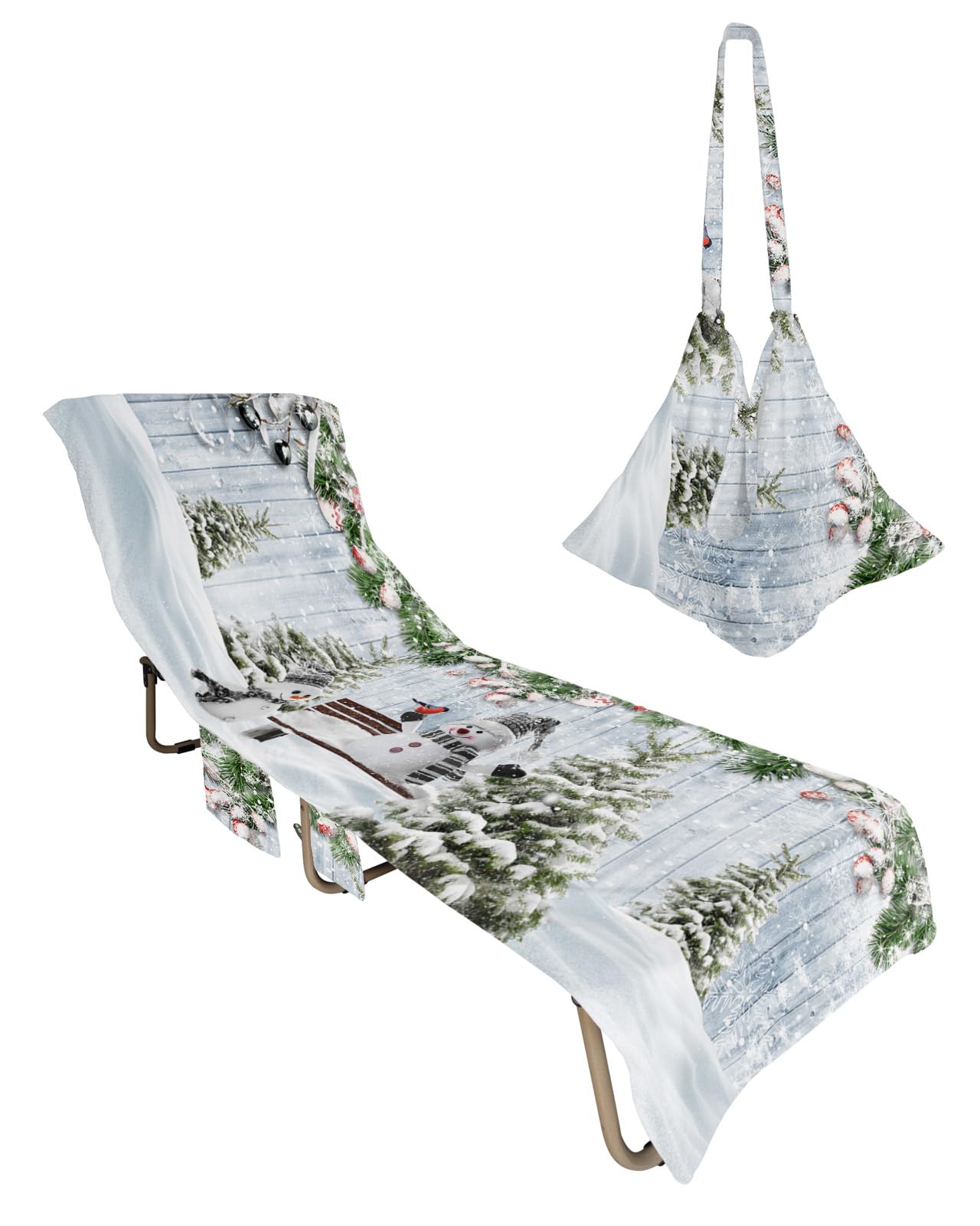 Merry Christmas Beach Chair Towel Covers for Chaise Lounge with Side Pocket, Soft Plush Pool Towels Cover for Patio Sunbathing Outdoor 29''x85'' Snowman Winter Pine Tree Leaves
