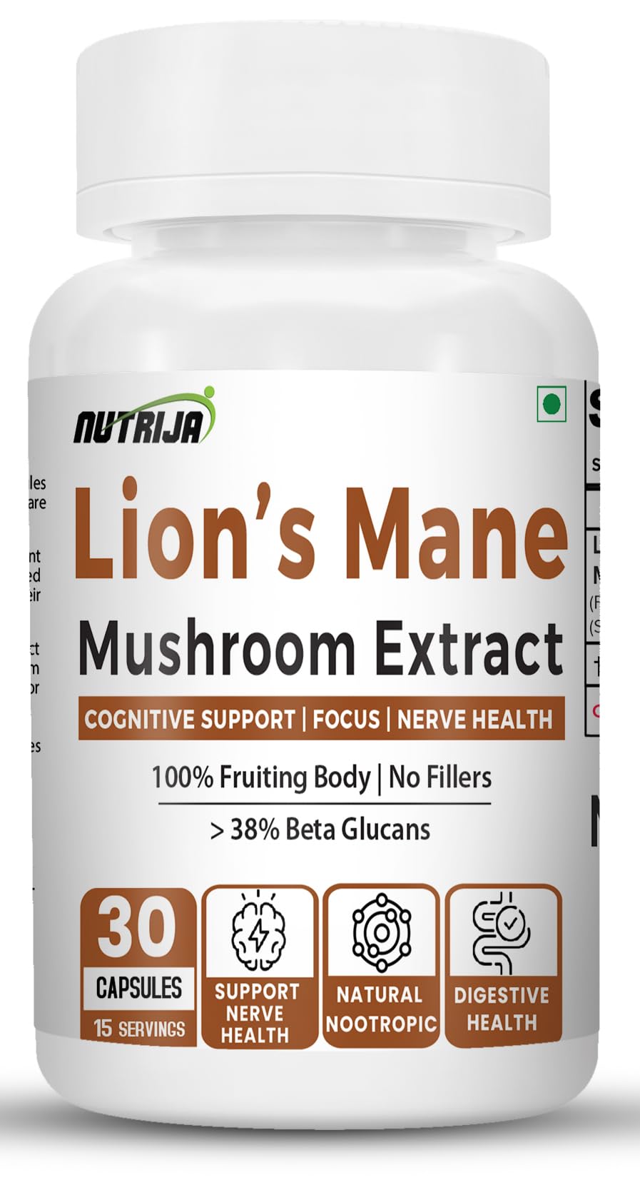 NutriJa Lions Mane Mushroom Extract 1000mg Capsules - Standardized to Contains > 38% Beta Glucans - 30 Veg Capsules