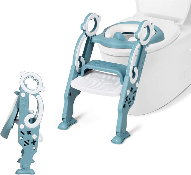 COSTWAY Deska sedesowa dla dzieci, regulowana wysokość, składany trener toalety, toaleta dziecięca z drabinką i uchwytami, trener nocników do toalet 39-42 cm nad podłogą dla dzieci od 2 do 7 lat (zielony)