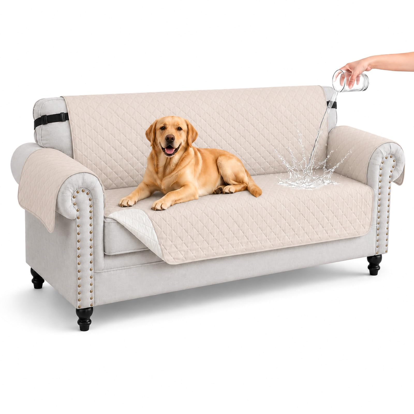 Hiiksolo Water Resistant Sofa Cover, Checkered Pattern with Non Slip Elastic Straps, Couch Protector for Dogs, Settee Covers Furniture Slipcovers, 2 Seater Ivory White