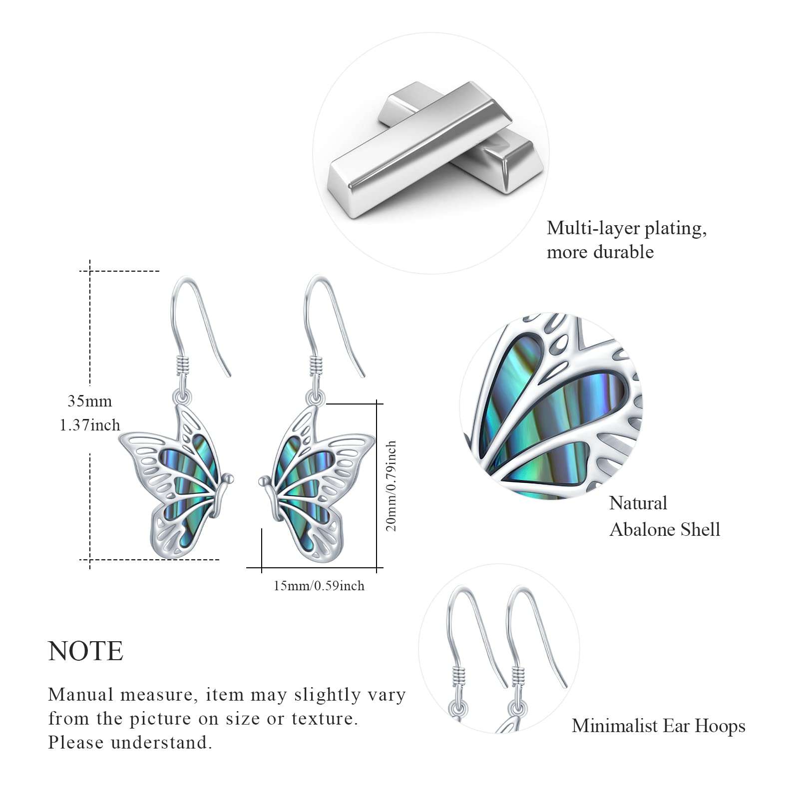 Pendientes colgantes de mariposa de plata de ley, hipoalergénicos, perfectos para orejas sensibles, regalo del día de la madre para mujeres y amantes de las mariposas, vienen con caja de regalo, 0.66