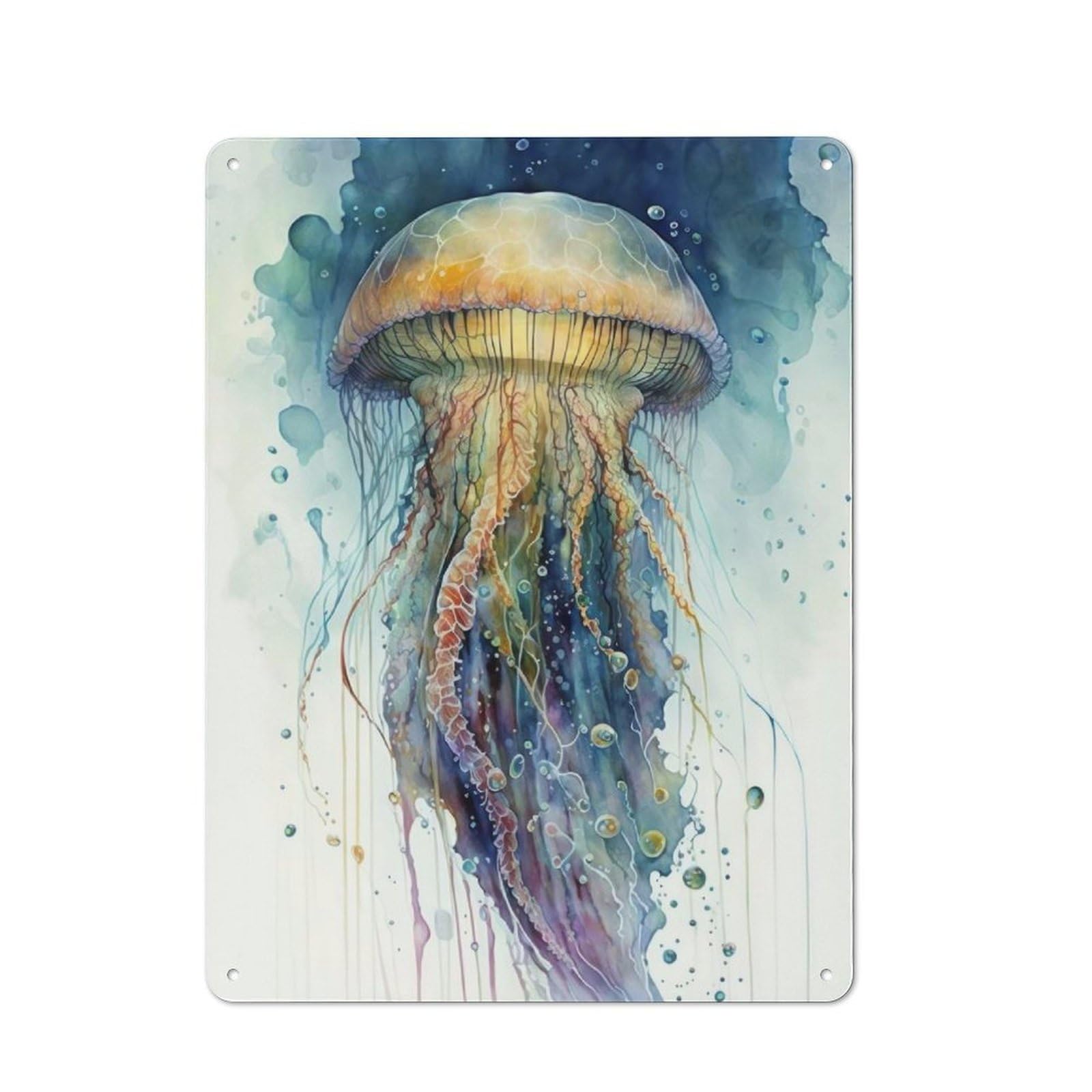 Metal Wall Sign 40x30cm Featuring Jellyfish Watercolor for Living Room Wall, for Metal Sign Collectors, for Garage And Workshop Walls