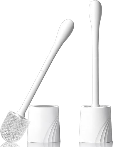 2 Pack Toilet Brush and Holder Set, Toilet Bowl Brush with Non-Slip Handle for Deep Cleaning, Nylon Bristles, Bathroom Accessories White
