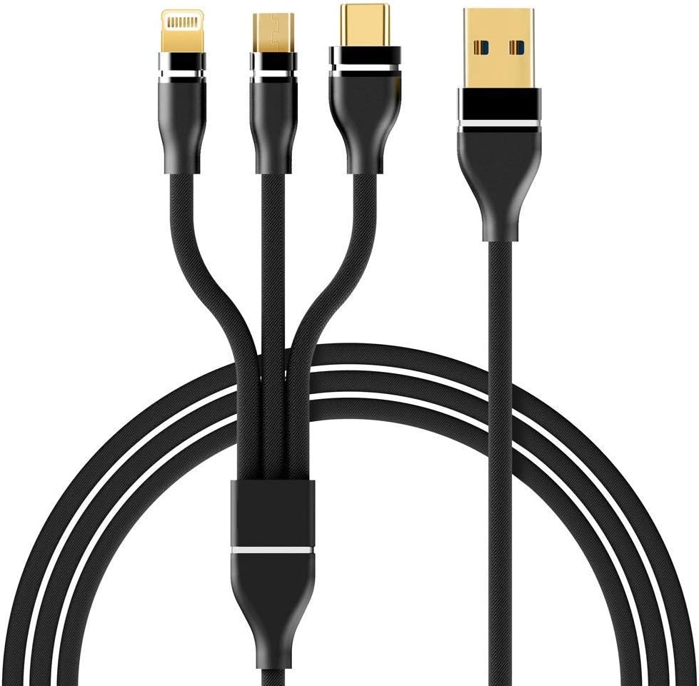 JSTBUY 3 in 1 Nylon Braided 3.0A Data Cable for Fast Charging Micro USB, iOS & Type C Mobile Phones (1.2 M) (BLACK)