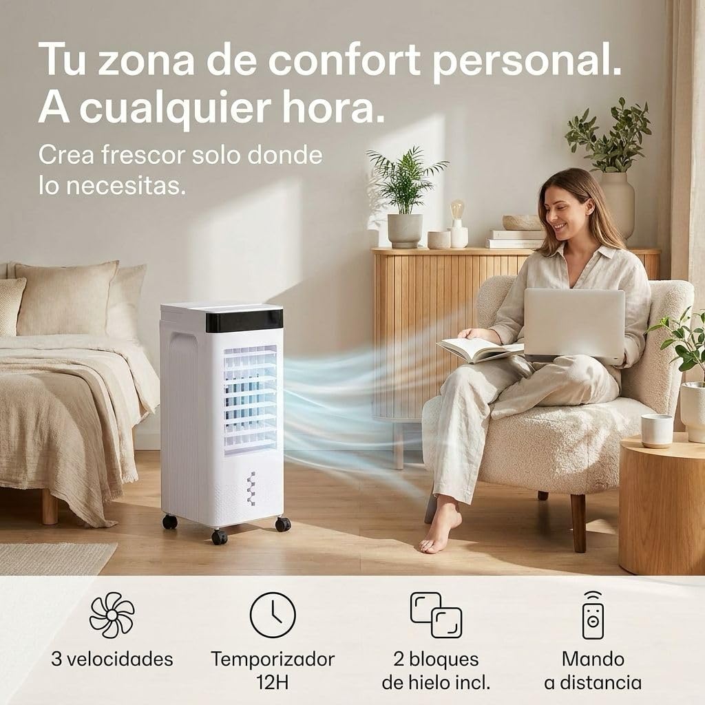 MY WAVE Climatizador Evaporativo Portátil 7L | Enfriador de Aire Silencioso con 2 Bloques de Hielo Incluidos, Mando a Distancia, Temporizador 12H, 3 Velocidades, Oscilación, Bajo Consumo