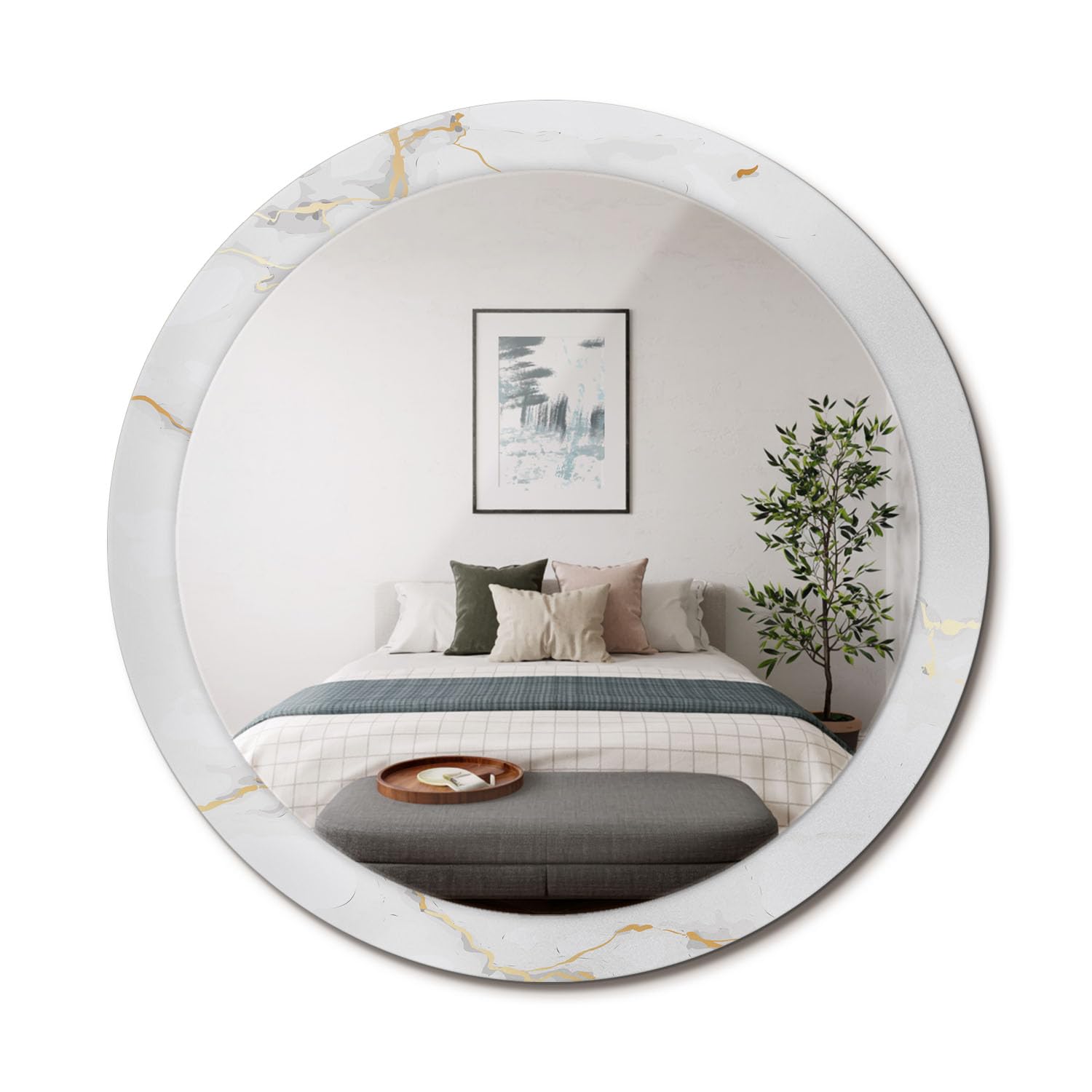 Miroir rond marbre blanc fi90 pour rompre la monotonie des murs vides du salon