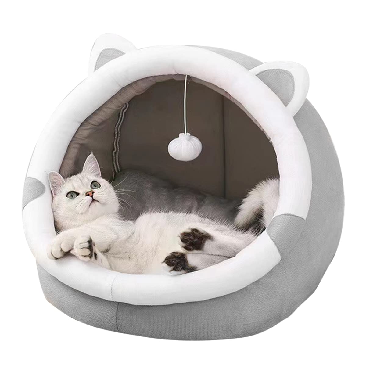 TOMVAES Indoor Kitten And Puppy Cat Bed, Lovely Cat Ear Shaped Cat Bed, Cat Hole Bed With Hanging Toys, Cat Tent House, Cat House, Removable Cotton Pad Comfortable Small Pet Bed (L)