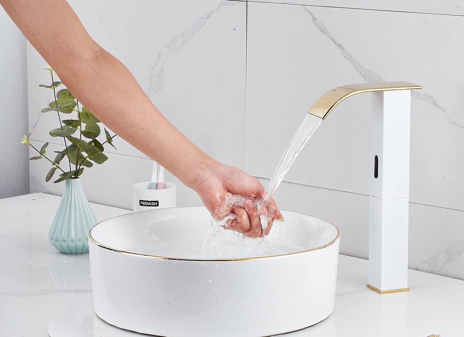 Touchless Bathroom Vessel Faucet Electronic Sensor Automatic Waterfall White Gold with Overflow Drain Stooper