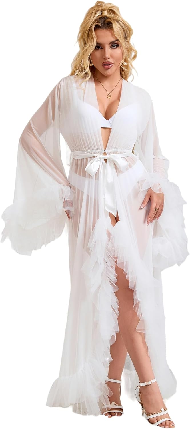 comeondear Sheer Tulle Robe for Women Long Lace Bridal Robe Plus Size Fancy Bridal Wedding Nightgown with Belt