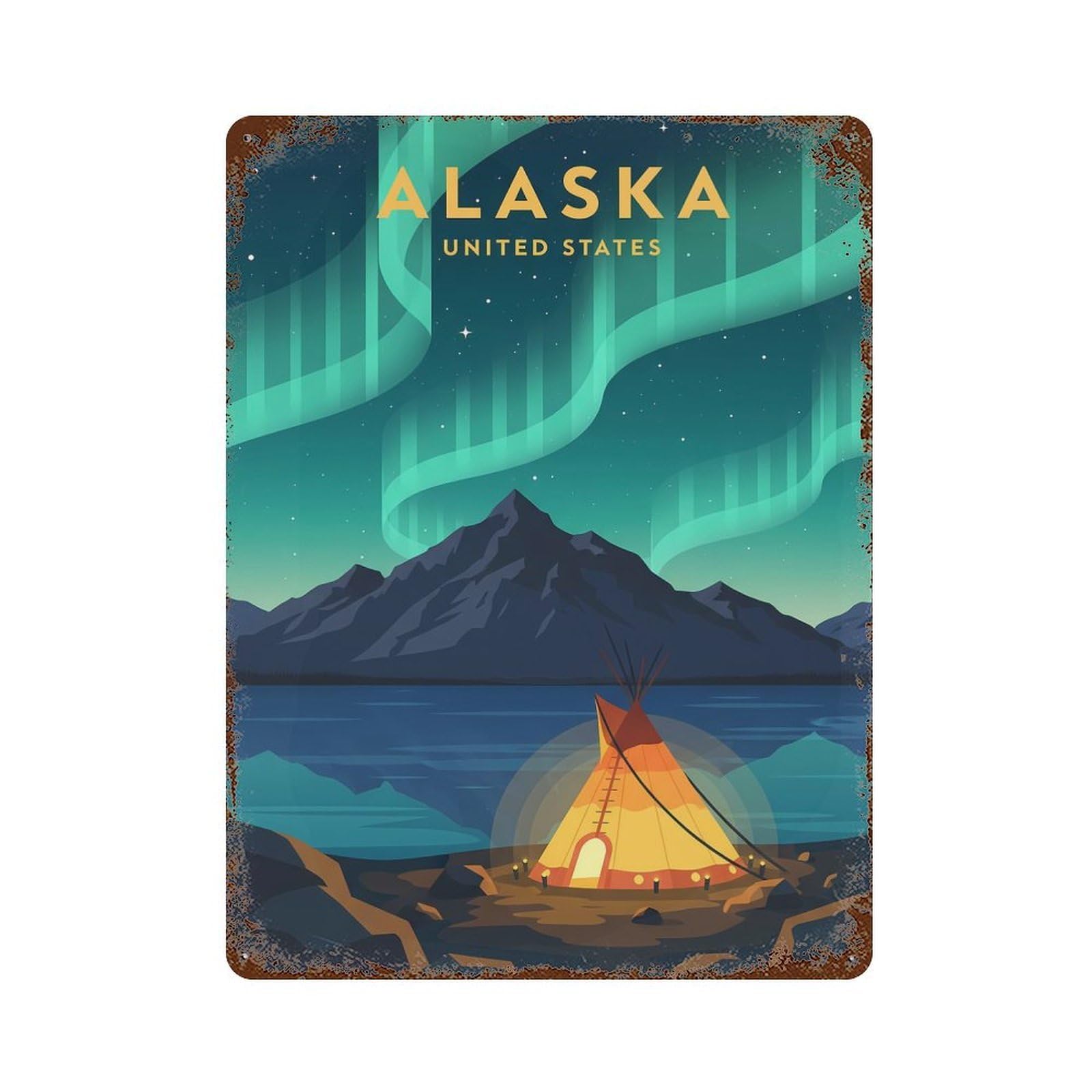 Rust Effect Alaska Aurora Borealis Aged Metal Wall Plaque 15.7"x11.8", Shabby Chic Decor for Basement, Hobby Room And Garage Decor