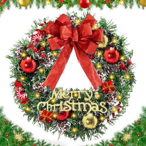 BGIUSQF 31cm Couronne de Noel, Couronne de Noël pour Porte D'entrée, Couronne de Noël Lumineuse, Couronne de l'Avent avec Pommes de Pin, Arcs, Décorations de Noël à Suspendre