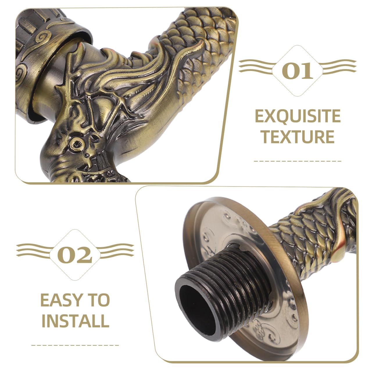 HOMSFOU Antique Brass Wall Mounted Tap Dragon Design Frostproof Water Tap Nozzle for Garden Kitchen Bathroom Traditional Basin Taps Indoor Outdoor - Image 3