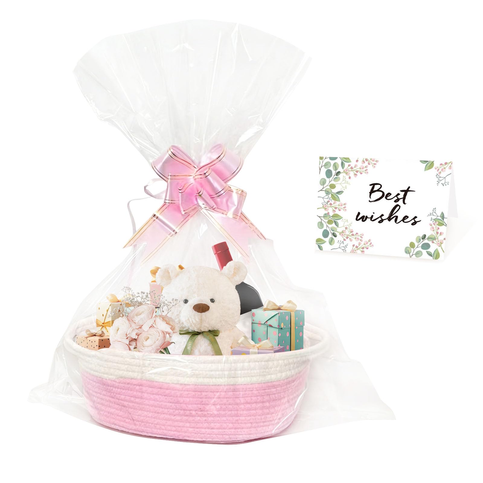 Small Woven Basket with Gift Bags and Ribbons, Gift Basket Empty, Empty Baby Gift Baskets for Kids Women Men, Nursery Organisers Storage for Baby Toy, Holiday Presents(12" x 8" x 5",White-Pink)