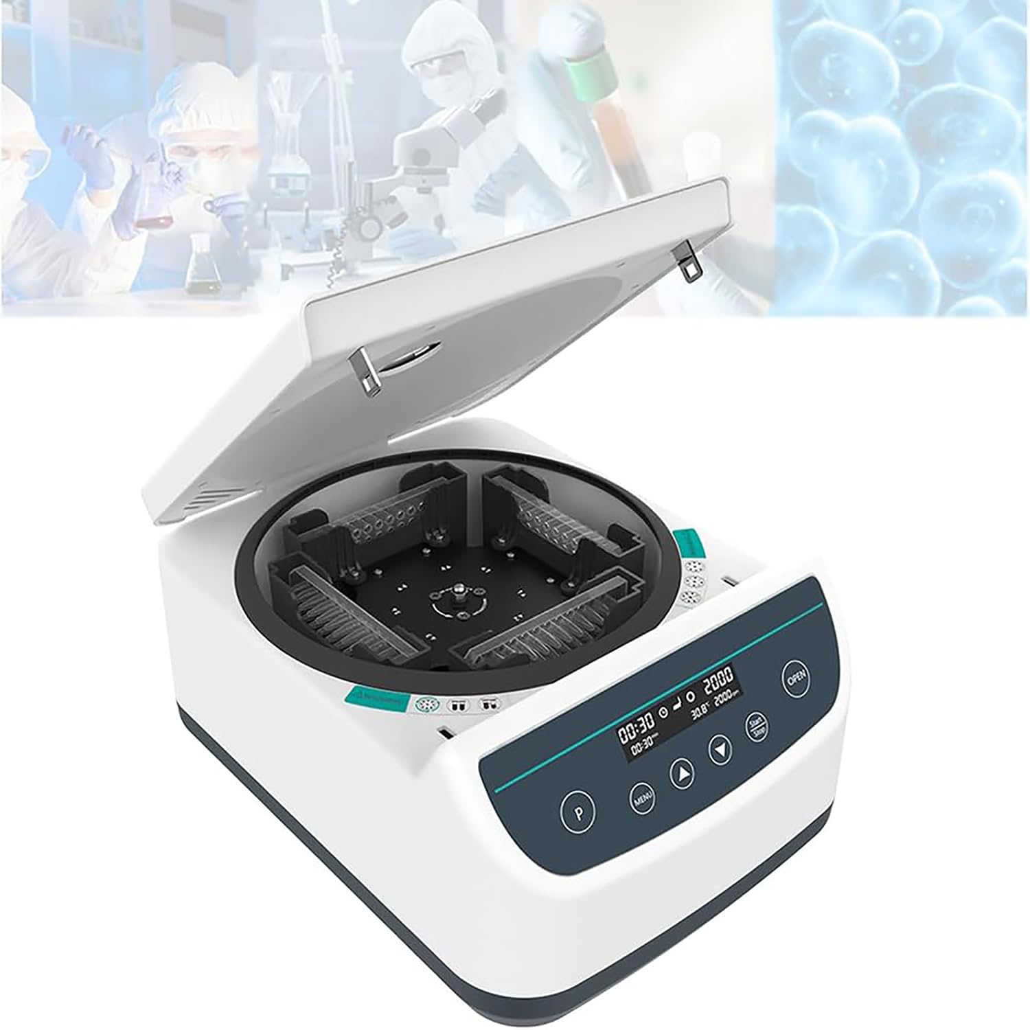 Wirówka laboratoryjna z wyświetlaczem LCD, regulowana prędkość 500-2000 obr./min, czas 30-59 min, idealna do oddzielania próbek w laboratorium