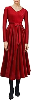 IWEMEK Velvet Dress Women's Long Dress Audrey Hepburn Style V-Neck Long Sleeves Evening Dress Sexy Elegant Cocktail Dress Knee-Length Prom Dresses Winter Dresses A-line Velvet Dress with Belt