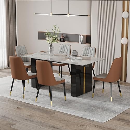 Miniatura 2 de Juego de mesa de comedor moderno de 71 pulgadas para 6, juegos de comedor para 6, mesa de mármol sintético de cocina y sillas de piel sintética,