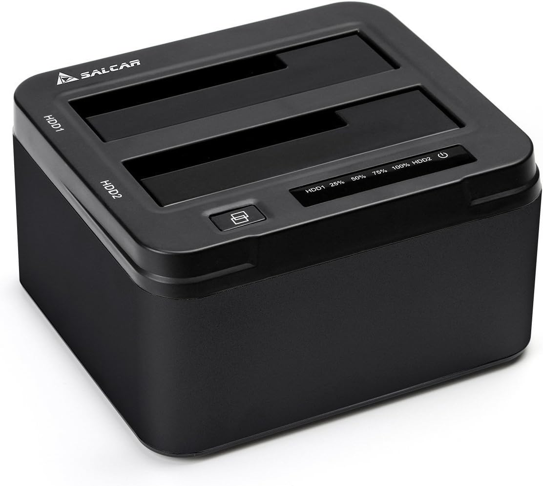 Salcar USB 3.0 to SATA 2-Bay USB 3.0 HDD Docking Station for 2.5 Inch & 3.5 Inch SATA HDD SSD Support 2 x 8 TB Aluminium (Black)