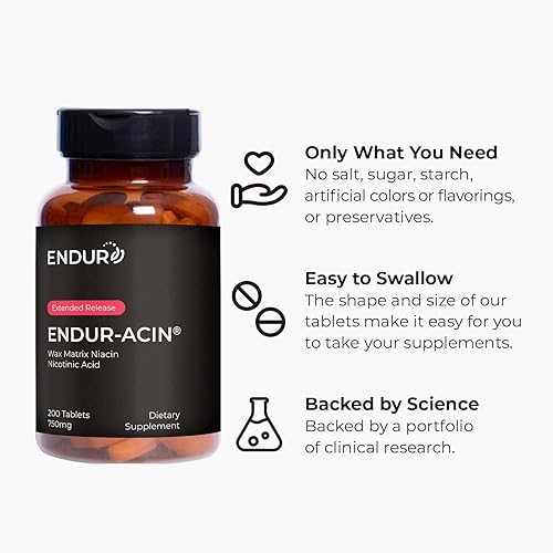 Miniatura 5 de Endur-acin - 750 mg de liberación extendida para una absorción óptima y niacina de bajo nivel vitamina B-3 200 comprimidos - No transgénicos veganos