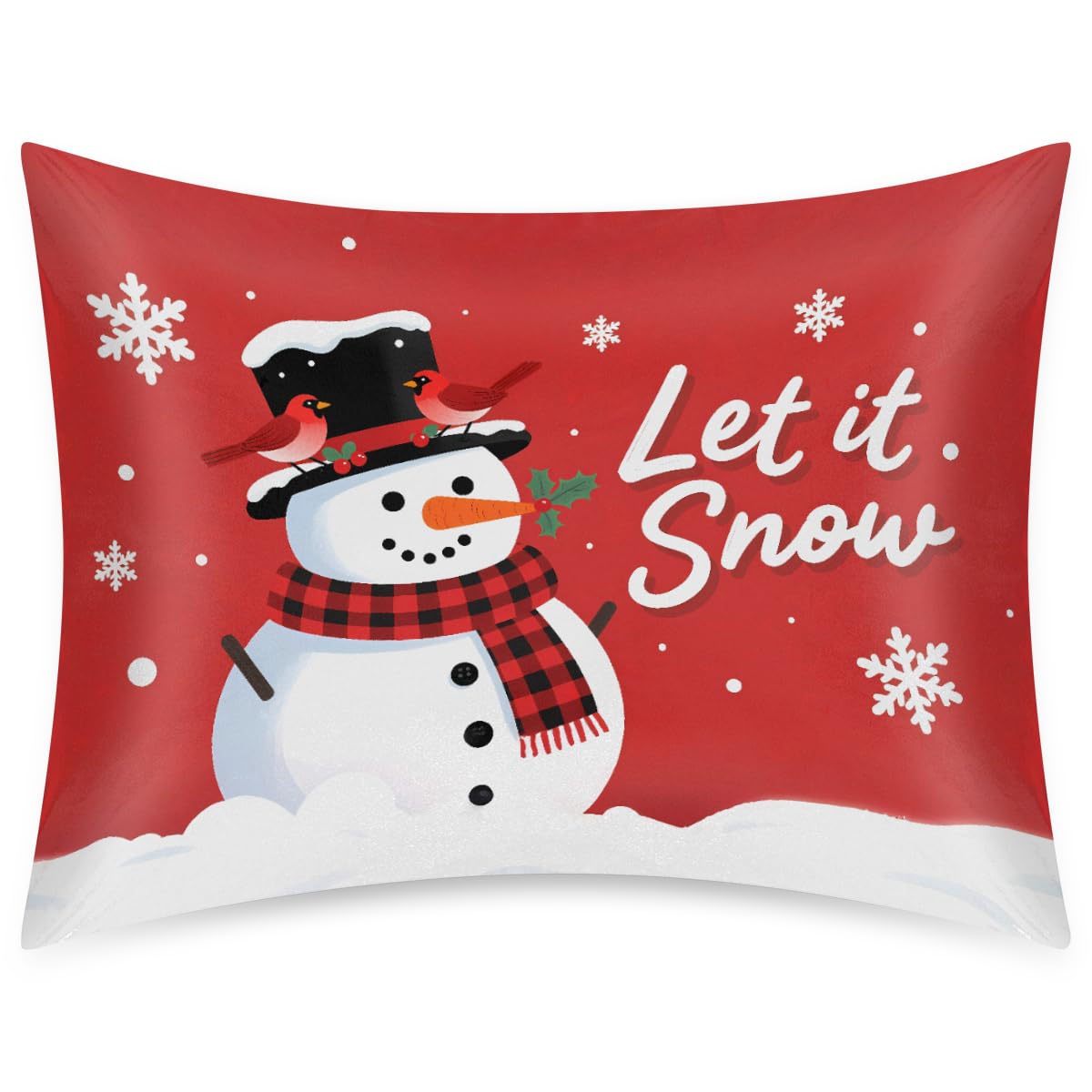 Christmas Snowman Red Cardinal Bird Winter Satin Pillowcase for Hair and Skin Standard Size 20x26 with Envelope Closure