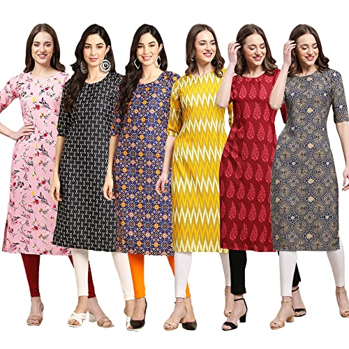 Image of Pinkmint Women's Crepe Digital Print Straight Kurta Pack of 6 [CR-336-370-344-343-328-366]