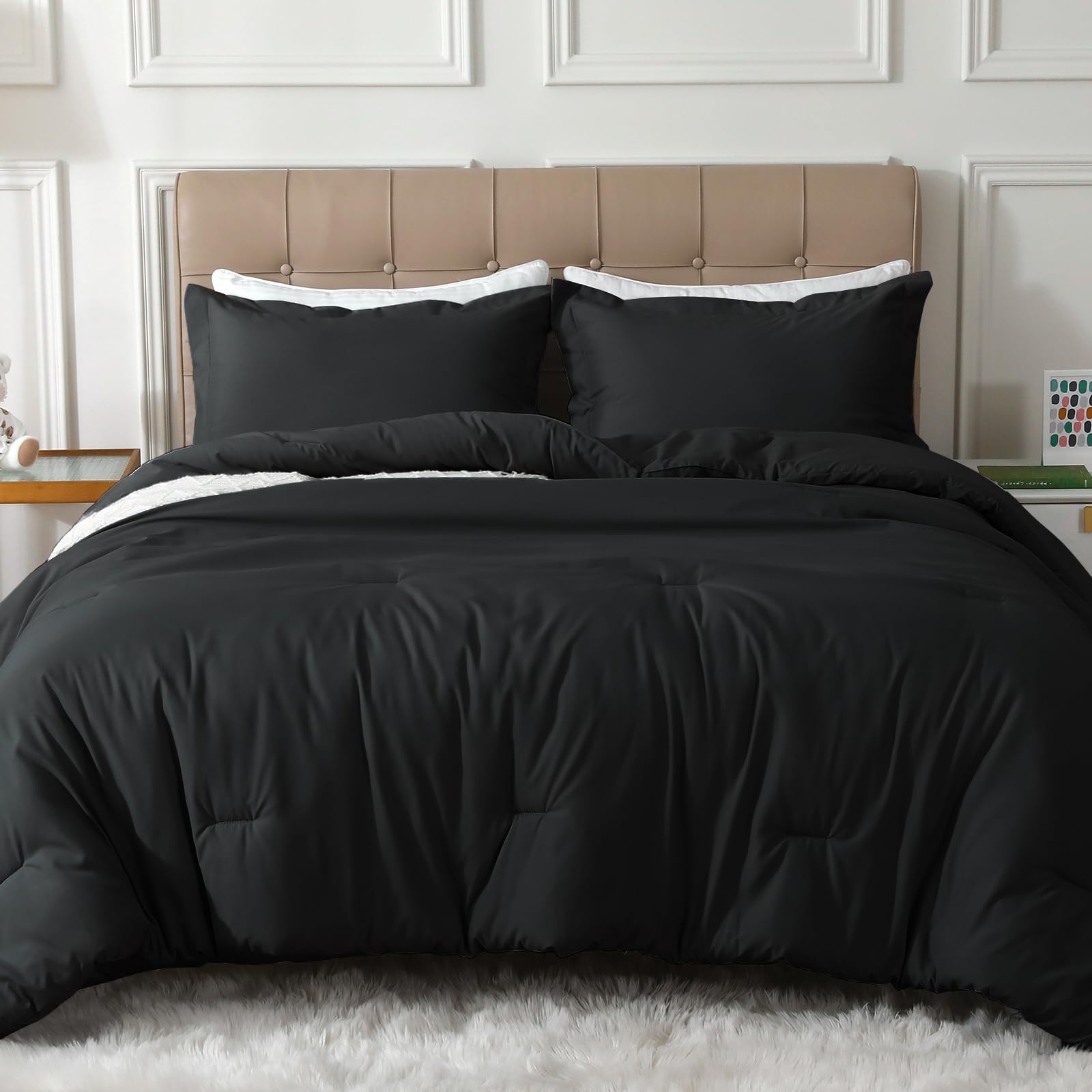 MUXHOMO Full Size Comforter Sets, Black Comforter Set for Full Size Bed, Soft Warm Bedding 3 Pieces for All Seasons, 1 Comforter (82"x86") and 2 Pillow Shams (20"x26")