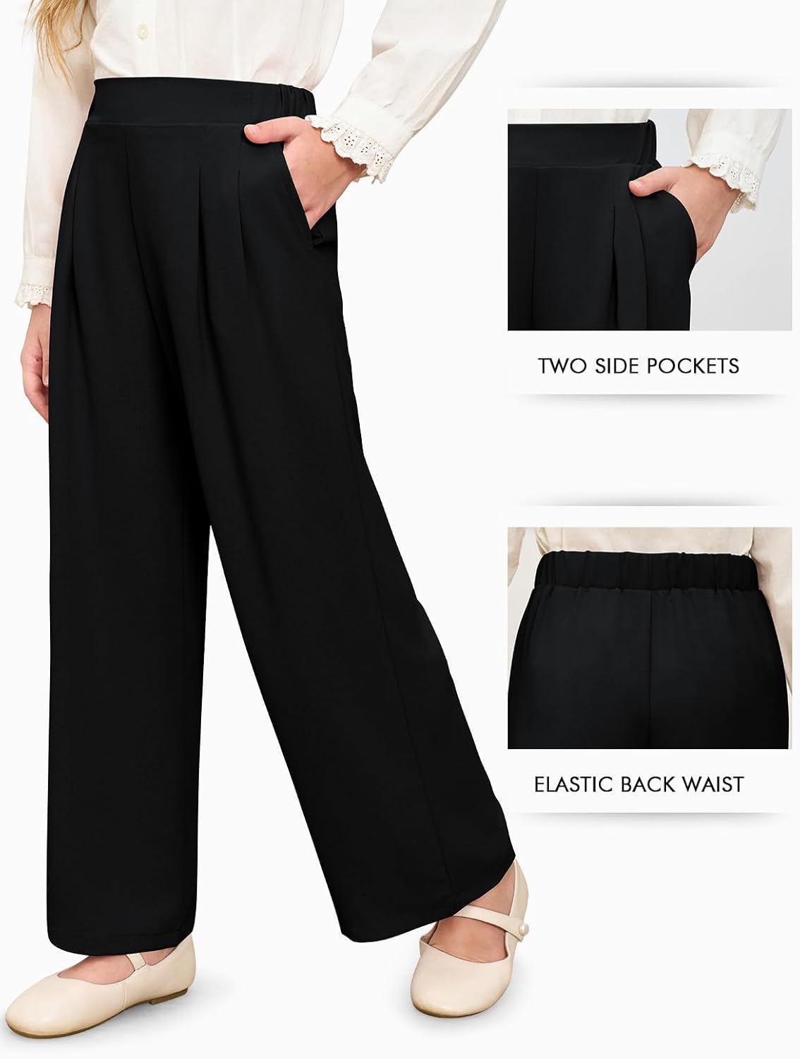 Haloumoning Girls High Waisted Uniform Pants Kids Wide Leg Dress Pants Casual Trousers with Pockets 5-14 Years - Image 4