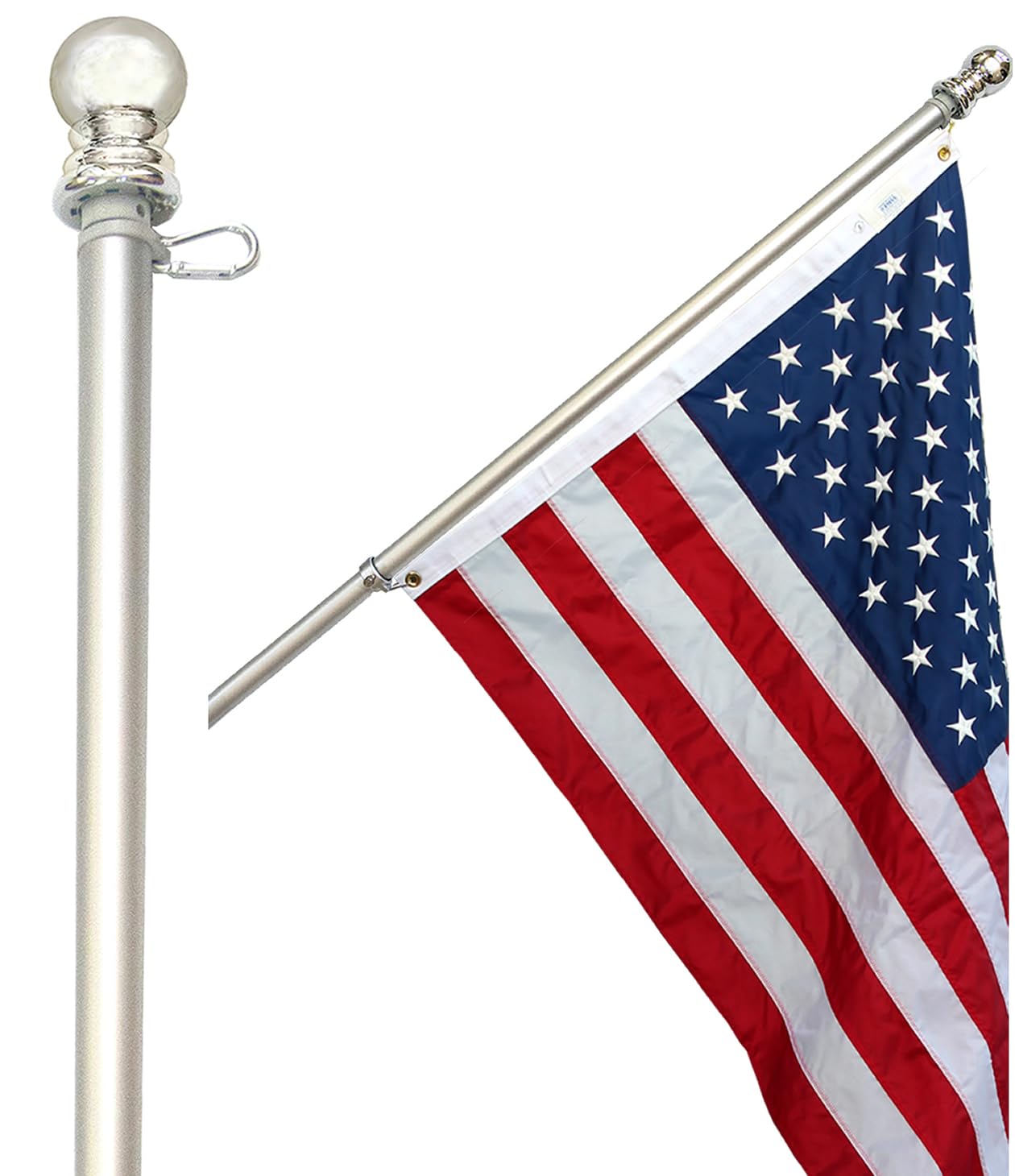 Flag Pole for House - 6 ft Heavy-Duty Aluminum Tangle Free Spinning Flag Pole with Metal Mounting Rings - Outdoor Wall Mount Flagpole for Residential Commercial (Silver, 6')