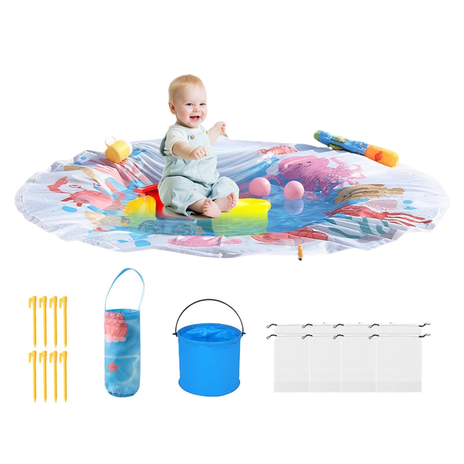 Baby Beach Pool, Portable Kids Beach Play Pool Puddle Toddler Beach Blanket and Kiddie Pools Blue Cartoon Childs Sand Pit Paddling Pools with Water Bag for Girl Boy Outdoor Camping (round:1.4m*1.4m)